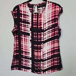 Worthington Colorful Pink and Black Pleated Front Sleeveless Graphic Blouse Med